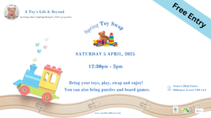 Poster of toy swap with date of 5 April and time 12.20-3pm
